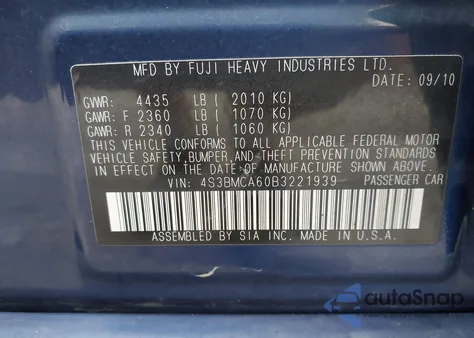 2011 Subaru Legacy 2.5I from USA, damaged, VIN 4S3BMCA60B3221939